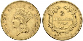 USA. 3 Dollars 1855, Philadelphia. Large Indian head type. 5.00 g. Fr. 124. Sehr schön / Very fine.
