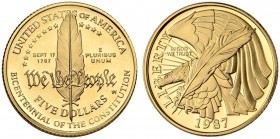 USA. 5 Dollars 1987 W, West Point (New York). 200 Jahrfeier der Verfassung. 8.36 g. Fr. 197. Polierte Platte. FDC / Choice Proof.