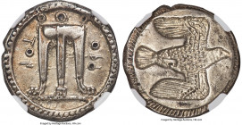 BRUTTIUM. Croton. Ca. 500-480 BC. AR stater or nomos (24mm, 7.57 gm, 3h). NGC Choice XF 5/5 - 3/5, brushed. ϘΡO (retrograde)-TON, ornamented sacrifici...