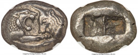 LYDIAN KINGDOM. Croesus (561-546 BC). AR stater or double siglos (20mm, 10.64 gm). NGC Choice XF 5/5 - 3/5. Sardes. Confronted foreparts of lion right...