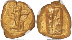 ACHAEMENID PERSIA. Darius I-Xerxes I (ca. 505-480 BC). AV daric (15mm, 8.29 gm). NGC AU 5/5 - 3/5, marks. Persian king or hero, wearing cidaris and ca...