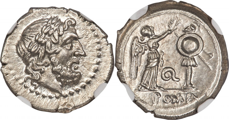 Anonymous. Ca. 211-208 BC. AR victoriatus (17mm, 3.18 gm, 3h). NGC Choice MS 5/5...