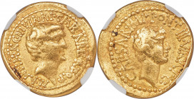 Marc Antony and Octavian, as Imperators and Triumvirs (43-33 BC), with Marcus Barbatius Pollio, as Quaestor Propraetor. AV aureus (21mm, 7.77 gm, 12h)...