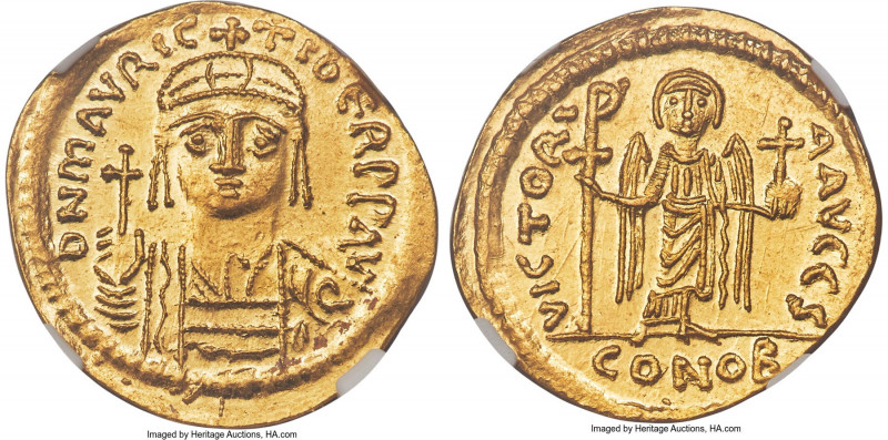 Maurice Tiberius (AD 582-602). AV solidus (21mm, 4.39 gm, 6h). NGC Choice MS 5/5...