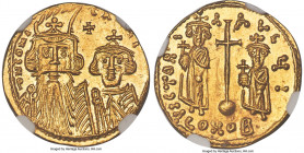 Constans II Pogonatus (AD 641-668), with Constantine IV, Heraclius and Tiberius. AV solidus (19mm, 4.45 gm, 7h). NGC Choice MS 5/5 - 4/5. Constantinop...