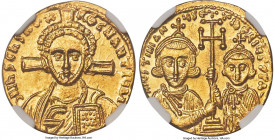 Justinian II Rhinotmetus, Second Reign (AD 705-711). AV solidus (20mm, 4.50 gm, 6h). NGC Choice MS 5/5 - 4/5. Constantinople, AD 705-706. d N IhS ChS ...