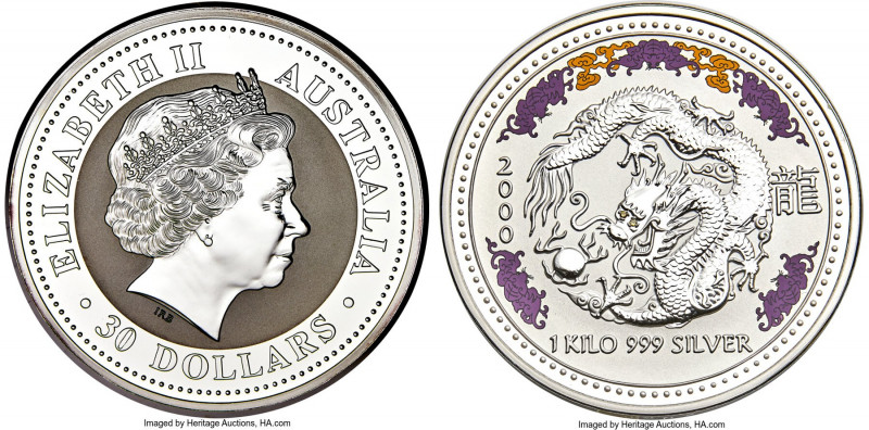 Elizabeth II silver Proof Colorized "Year of the Dragon" 30 Dollars (Kilo) 2000,...