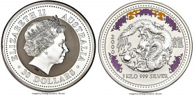 Elizabeth II silver Proof Colorized "Year of the Dragon" 30 Dollars (Kilo) 2000, Perth mint, KM525.1. Year of the Dragon colorized Proof with diamond ...