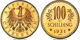 Republic gold Prooflike Pattern 100 Schilling 1931 PL65 NGC, KM2842. The most prolific date for the type, with a mintage of over 100,000, though parti...