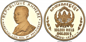 Republic gold Proof "Lon Nol" 100000 Riels 1974 PR69 Ultra Cameo NGC, KM66. Boasting a scant mintage of just 100 pieces in Proof. Struck in celebratio...