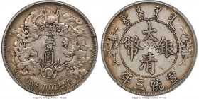 Hsüan-t'ung Dollar Year 3 (1911) XF Details (Chop Mark) PCGS, Tientsin mint, KM-Y31, L&M-37, Kann-227. No period, no flame variety. Lightly patinated ...