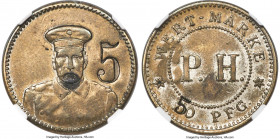 Kiau Chau. German Occupation nickel-plated brass Counterstamped 5 Pfennig Token ND (c. early 20th Century) AU55 NGC, Menzel-2951.4. This intriguing To...