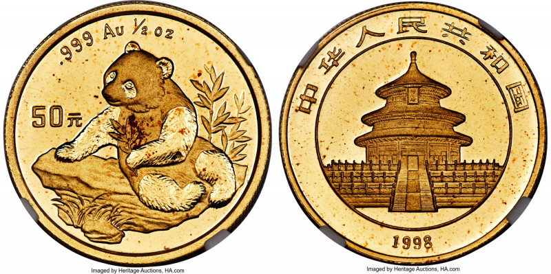 People's Republic gold "Small Date" Panda 50 Yuan (1/2 oz) 1998 MS67 NGC, KM1129...