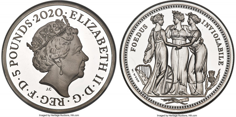 Elizabeth II silver Proof "Three Graces" 5 Pounds (2 oz) 2020 PR70 Ultra Cameo N...