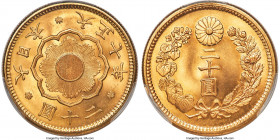 Taisho gold 20 Yen Year 7 (1918) MS66+ PCGS, Osaka mint, KM-Y40.2, JNDA 01-6. A premium Gem Mint State offering demonstrating radiant harvest-gold sur...