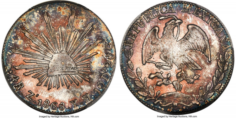 Republic 4 Reales 1868 Zs-YH MS64 PCGS, Zacatecas mint, KM375.9. Decorated with ...