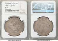 Chihli. Kuang-hsü Dollar Year 34 (1908) XF45 NGC, Pei Yang Arsenal mint, KM-Y73.2, L&M-465. Long spine on tail, cloud connected variety. Endowed with ...