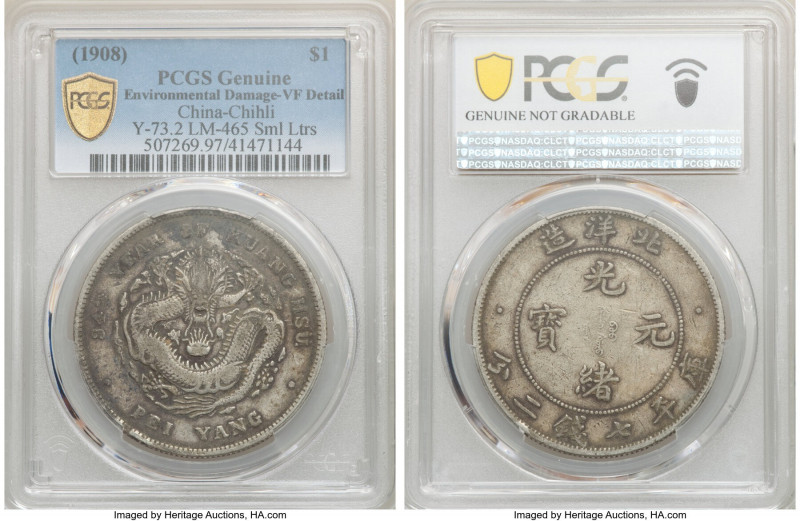 Chihli. Kuang-hsü Pair of Certified Dollars Year 34 (1908) VF Details (Environme...