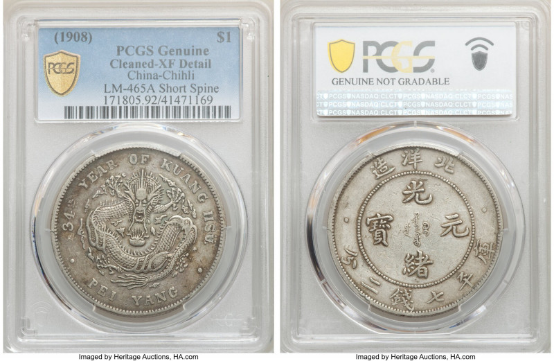 Chihli. Kuang-hsü Dollar Year 34 (1908) XF Details (Cleaned) PCGS, Pei Yang Arse...