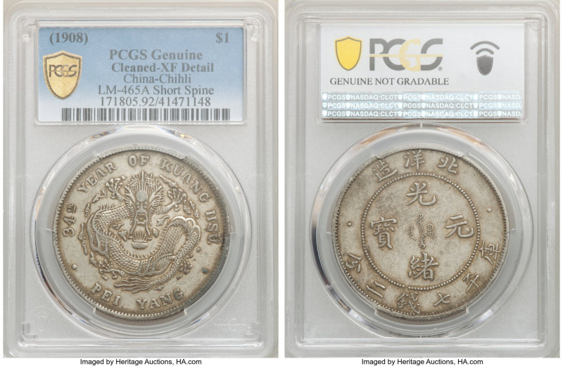 Chihli. Kuang-hsü Dollar Year 34 (1908) XF Details (Cleaned) PCGS, Pei Yang Arse...