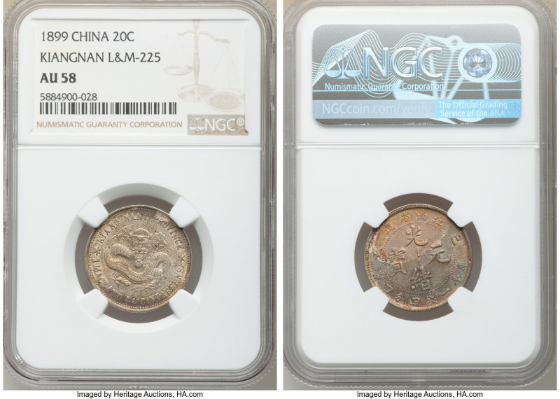 Kiangnan. Kuang-hsü 20 Cents CD 1899 AU58 NGC, KM-Y143a.2, L&M-225. Uniquely app...