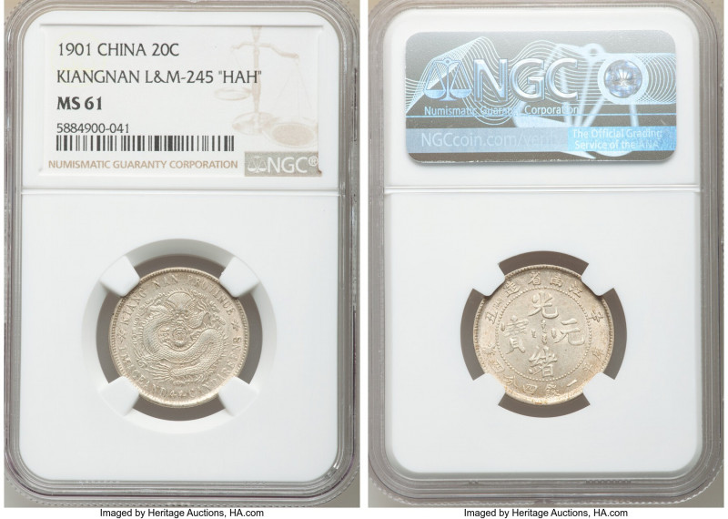 Kiangnan. Kuang-hsü 20 Cents CD 1901 MS61 NGC, KM-Y143a.7, L&M-245. With initial...
