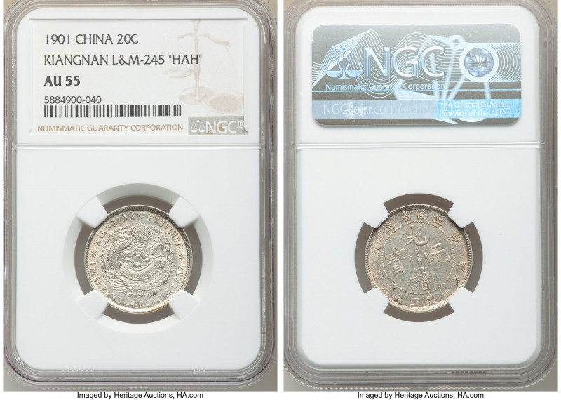 Kiangnan. Kuang-hsü 20 Cents CD 1901 AU55 NGC, KM-Y143a.7, L&M-245. With initial...