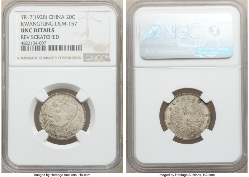 Kwangtung. Republic 20 Cents Year 17 (1928) UNC Details (Reverse Scratched) NGC,...