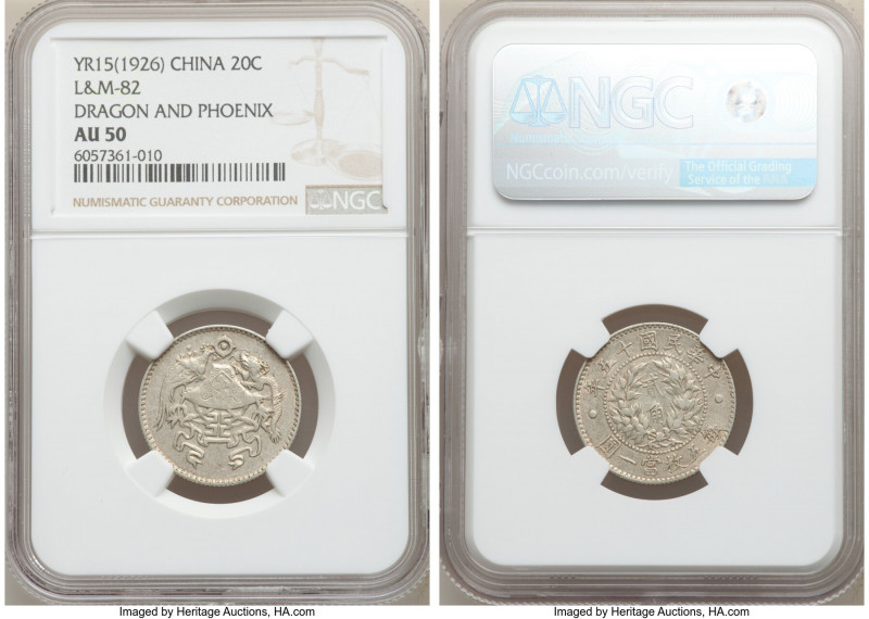 Republic "Dragon & Phoenix" 20 Cents (2 Chiao) Year 15 (1926) AU50 NGC, KM-Y335,...