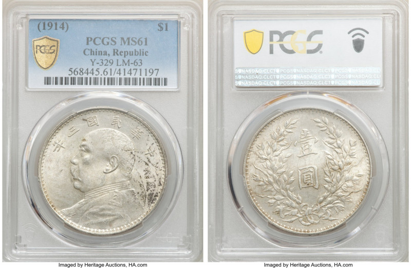 Republic Yuan Shih-kai Dollar Year 3 (1914) MS61 PCGS, KM-Y329.1, L&M-63. Yuan n...