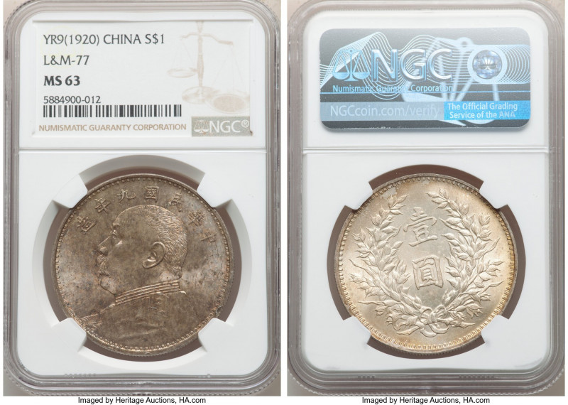 Republic Yuan Shih-kai Dollar Year 9 (1920) MS63 NGC, KM-Y329.6, L&M-77. A sharp...