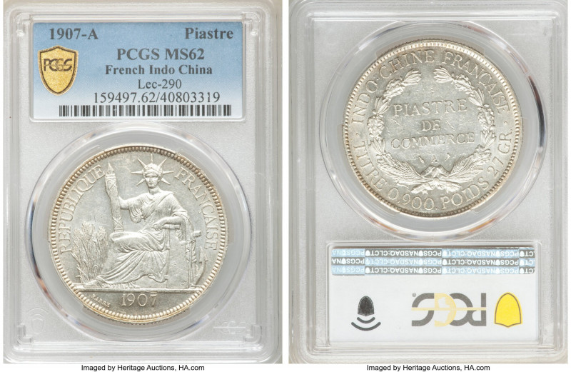 French Colony Piastre 1907-A MS62 PCGS, Paris mint, KM5a.1, Lec-290. A brilliant...