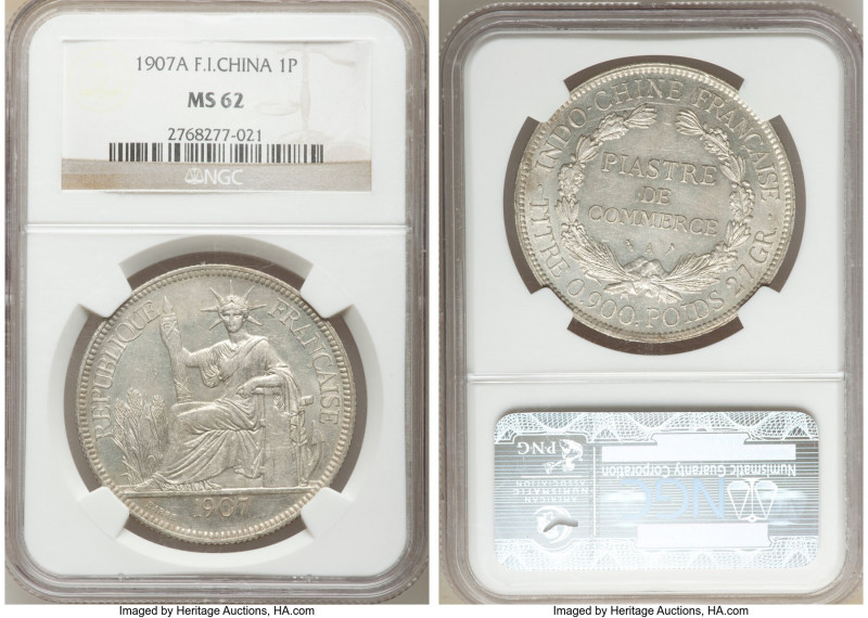 French Colony Piastre 1907-A MS62 NGC, Paris mint, KM5a.1, Lec-290. Lightly pati...