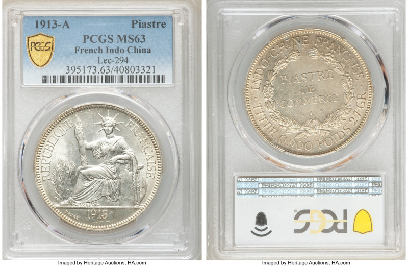 French Colony Piastre 1913-A MS63 PCGS, Paris mint, KM5a.1, Lec-294. Flashy and ...