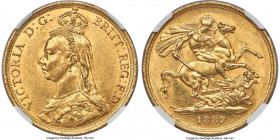 Victoria gold 2 Pounds 1887 MS61 NGC, KM768, S-3865. The legends of this decidedly Mint State offering are decorated in a satiny, lustrous appearance,...