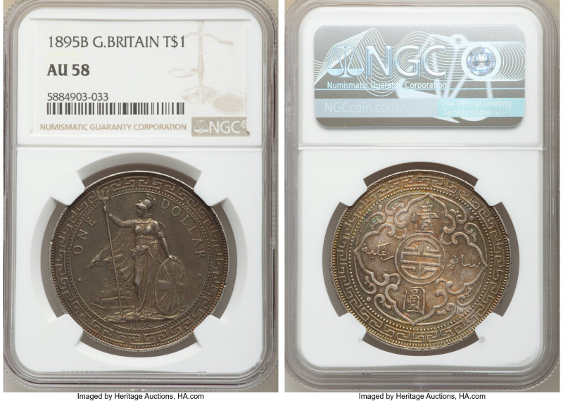 Victoria Trade Dollar 1895-B AU58 NGC, Bombay mint, KM-T5, Prid-1. Draped in dee...