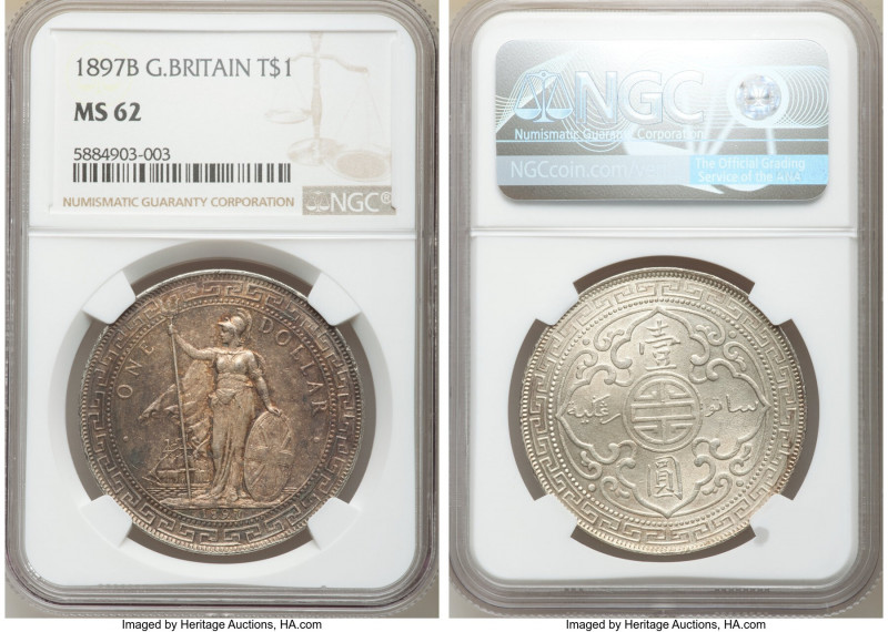 Victoria Trade Dollar 1897-B MS62 NGC, Bombay mint, KM-T5, Prid-4. Endowed with ...