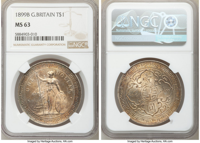 Victoria Trade Dollar 1899-B MS63 NGC, Bombay mint, KM-T5, Prid-8. Fine swirling...