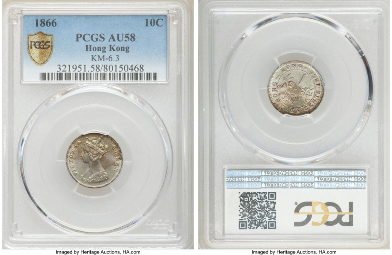 British Colony. Victoria 10 Cents 1866 AU58 PCGS, KM6.3. 11 pearl variety. The s...