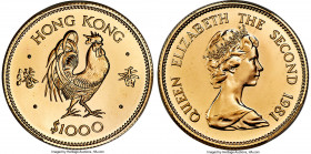 British Colony. Elizabeth II gold "Cockerel" 1000 Dollars 1981 MS68 PCGS, KM48. Lunar Series. Potently mirrored and sharp with virtually no signs of h...