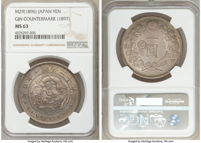 Meiji Counterstamped Yen Year 29 (1896) MS63 NGC, KM-Y28a.5. Gin counterstamp to...