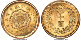 Meiji gold 10 Yen Year 41 (1908) MS65 NGC, Osaka mint, KM-Y33, JNDA 01-7. Fully deserving of its Gem Mint State status yielding flashy golden brillian...