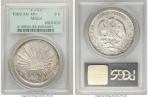 Republic 8 Reales 1880 Mo-MH MS64 PCGS, Mexico City mint, KM377.10, DP-Mo65. Shimmering radiance populates the iconic central motifs as peach and russ...