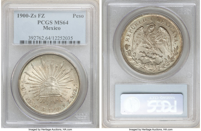 Republic Peso 1900 Zs-FZ MS64 PCGS, Zacatecas mint, KM409.3. Visually intriguing...