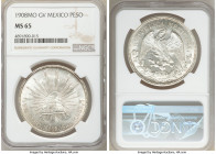 Republic Peso 1908 Mo-GV MS65 NGC, Mexico City mint, KM409.2. An absolute gem of a Peso, awash in blazing luster gracing silky fields that shine brigh...