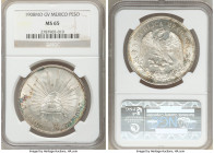 Republic Peso 1908 Mo-GV MS65 NGC, Mexico City mint, KM409.2. Punctuated by a crescent of teal and illuminated by flares of mint brilliance rippling a...