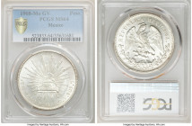 Republic Peso 1908 Mo-GV MS64 PCGS, Mexico City mint, KM409.2. A pervasive satiny sheen decorates this collectible Mexico City issue, one found in adm...