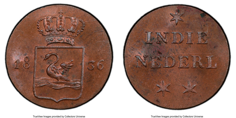 Sumatra. Dutch Colony copper Specimen Pattern "Swan" Duit 1836 SP64 Brown PCGS, ...