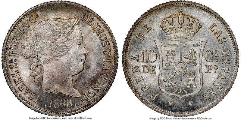 Spanish Colony. Isabel II 10 Centimos 1868 MS66 NGC, KM145. Among the finest sur...