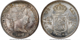 Spanish Colony. Isabel II 10 Centimos 1868 MS66 NGC, KM145. Among the finest survivors of this typically low-grade minor yet seen by NGC, boasting a r...
